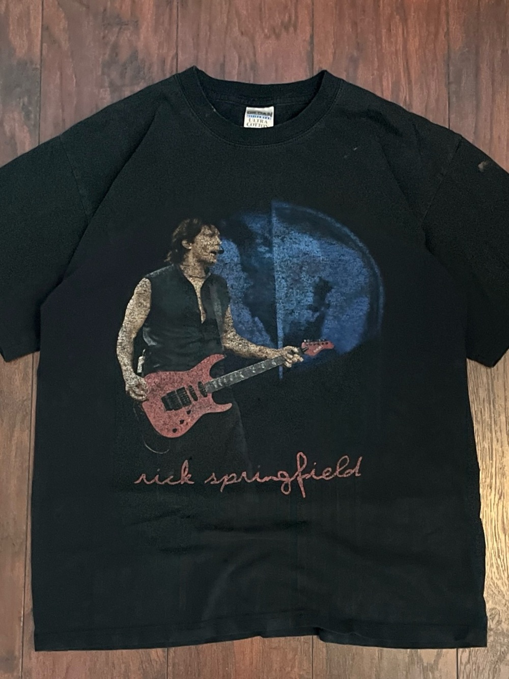 Gildan Black Rick Springfield Graphic Tee with Blue Backdrop and Red Guitar